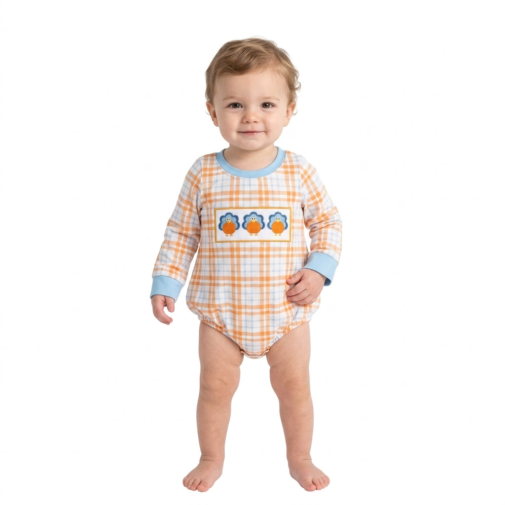 NO MOQ RTS LR3138-embroidery (2) Baby Girl Clothes Thanksgiving Turkey Embroidery Plaid Print Long Sleeve Bubble Romper 202609