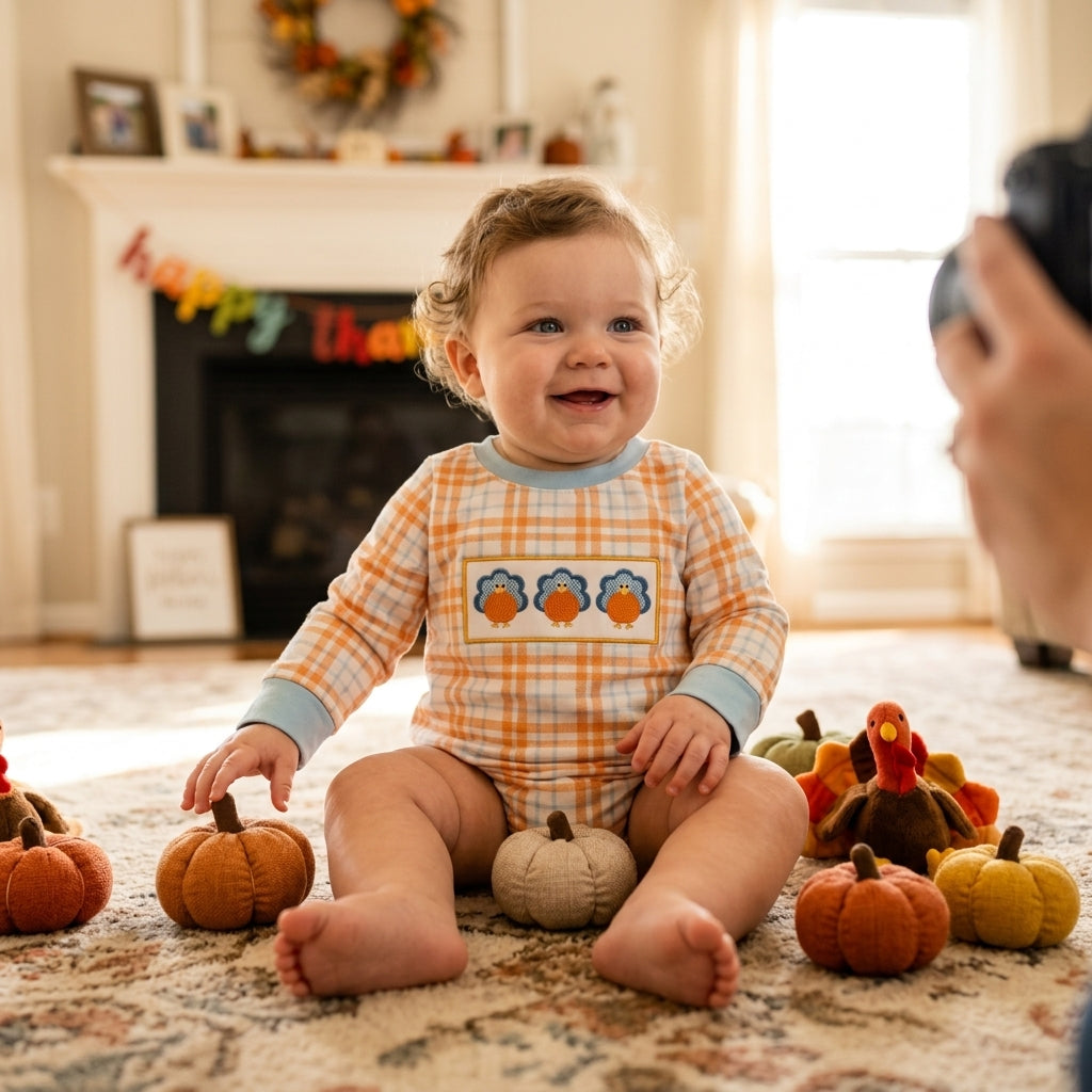 NO MOQ RTS LR3138-embroidery (2) Baby Girl Clothes Thanksgiving Turkey Embroidery Plaid Print Long Sleeve Bubble Romper 202609