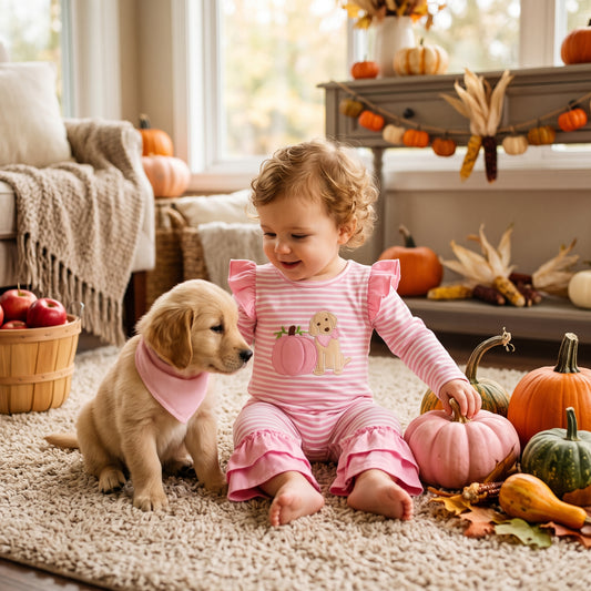RTS LR3140 embroidery pumpkin Dog Halloween Girl romper 202609