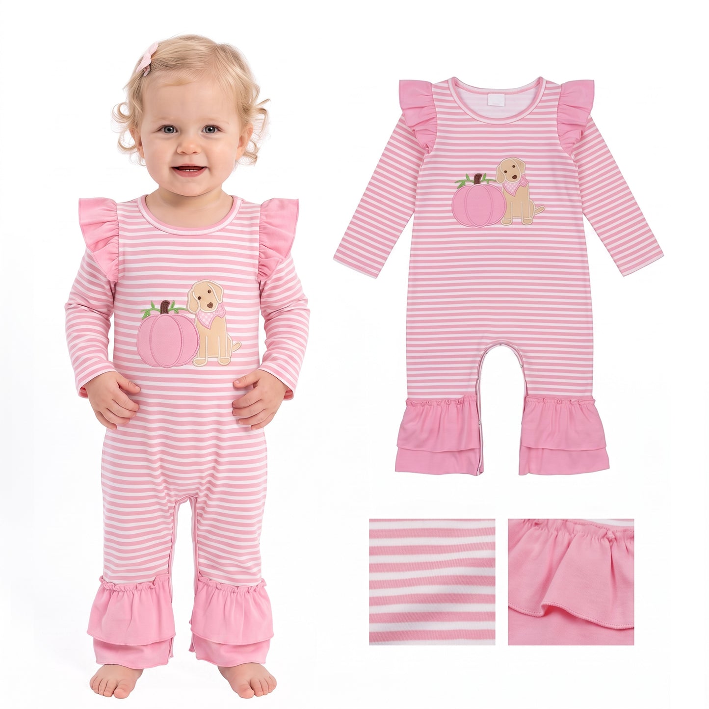 RTS LR3140 embroidery pumpkin Dog Halloween Girl romper 202609