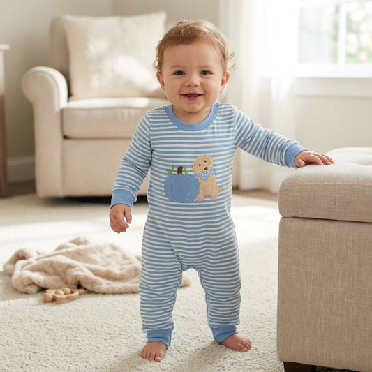 NO MOQ RTS LR3141-embroidery Baby Boy Clothes Blue White Stripe Puppy Pumpkin Applique Long Sleeve Romper