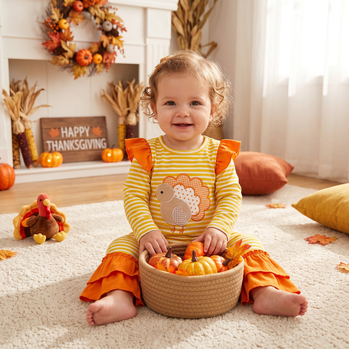 NO MOQ RTS LR3144(1)-embroidery Baby Girl Yellow Stripe Turkey Applique Ruffle Shoulder Ruffle Hem Long Sleeve Romper 202609