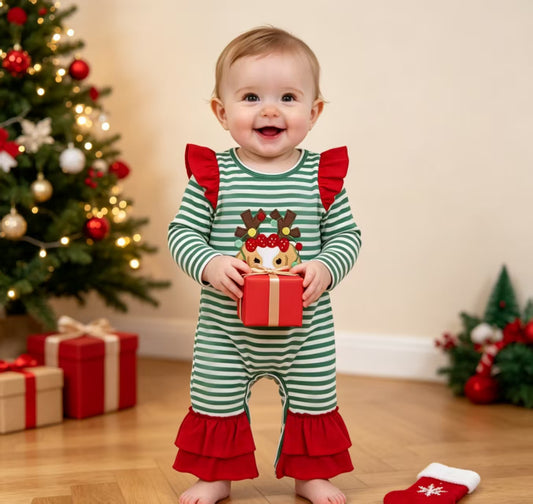 NO MOQ RTS LR3145-embroidery Baby Girl Clothes Christmas Dog Embroidery Striped Mixed Print Long Sleeve Ruffle Romper 202609