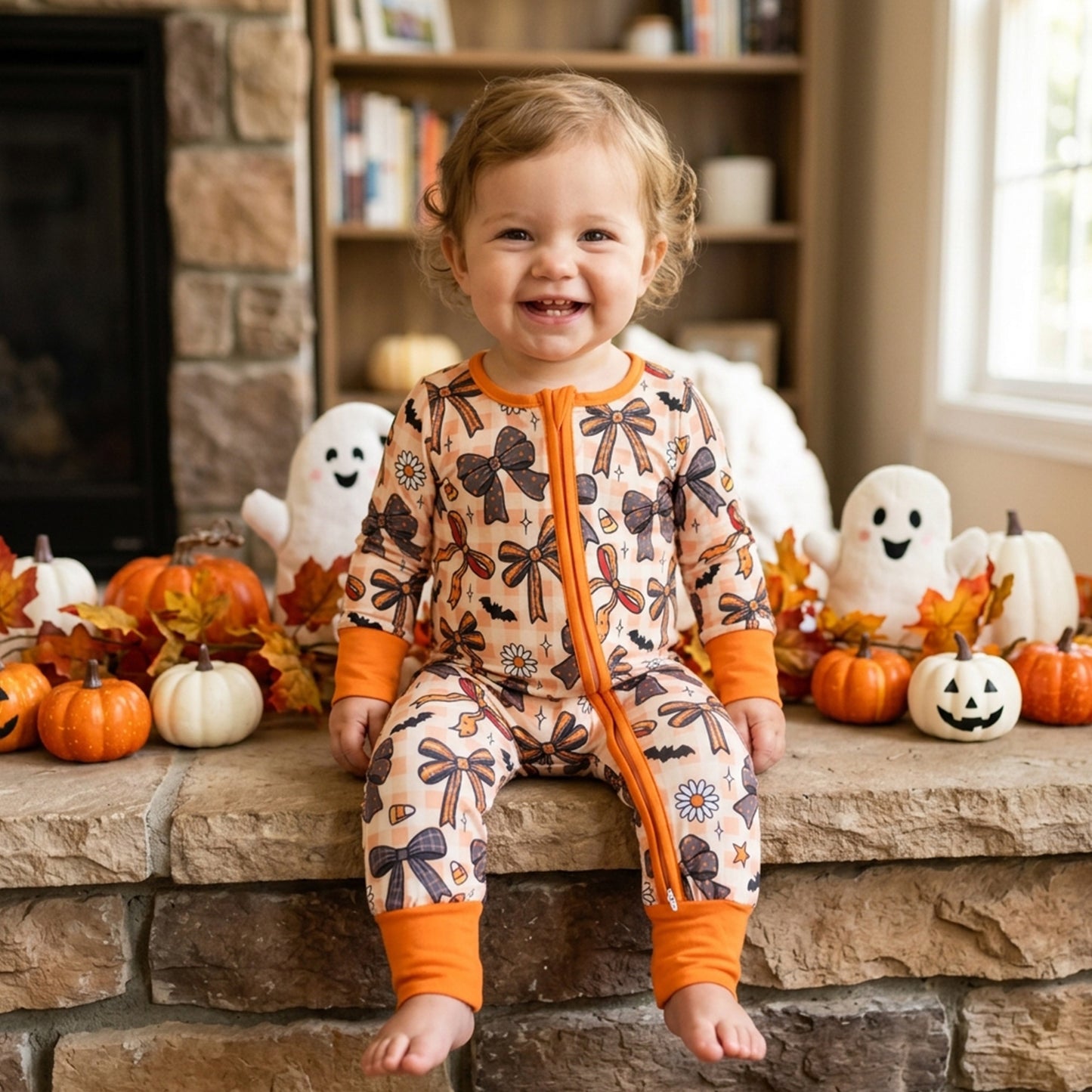 RTS LR3161 Kids Bow Print Long Sleeve Zipper Baby Romper 202608