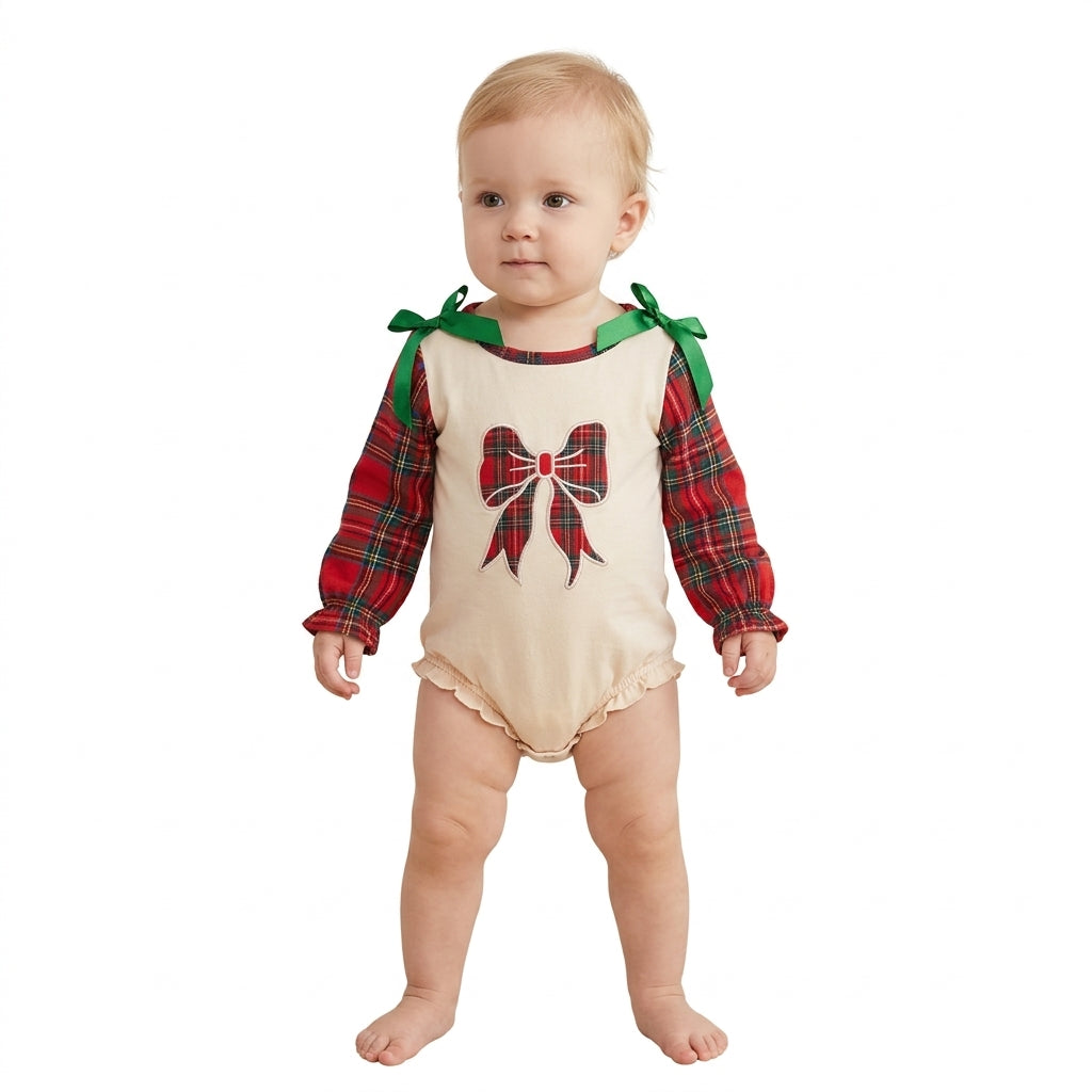 NO MOQ RTS LR3163-embroidery (2) Baby Girl Clothes Red Plaid Bow Embroidery Long Sleeve Bubble Romper 202609