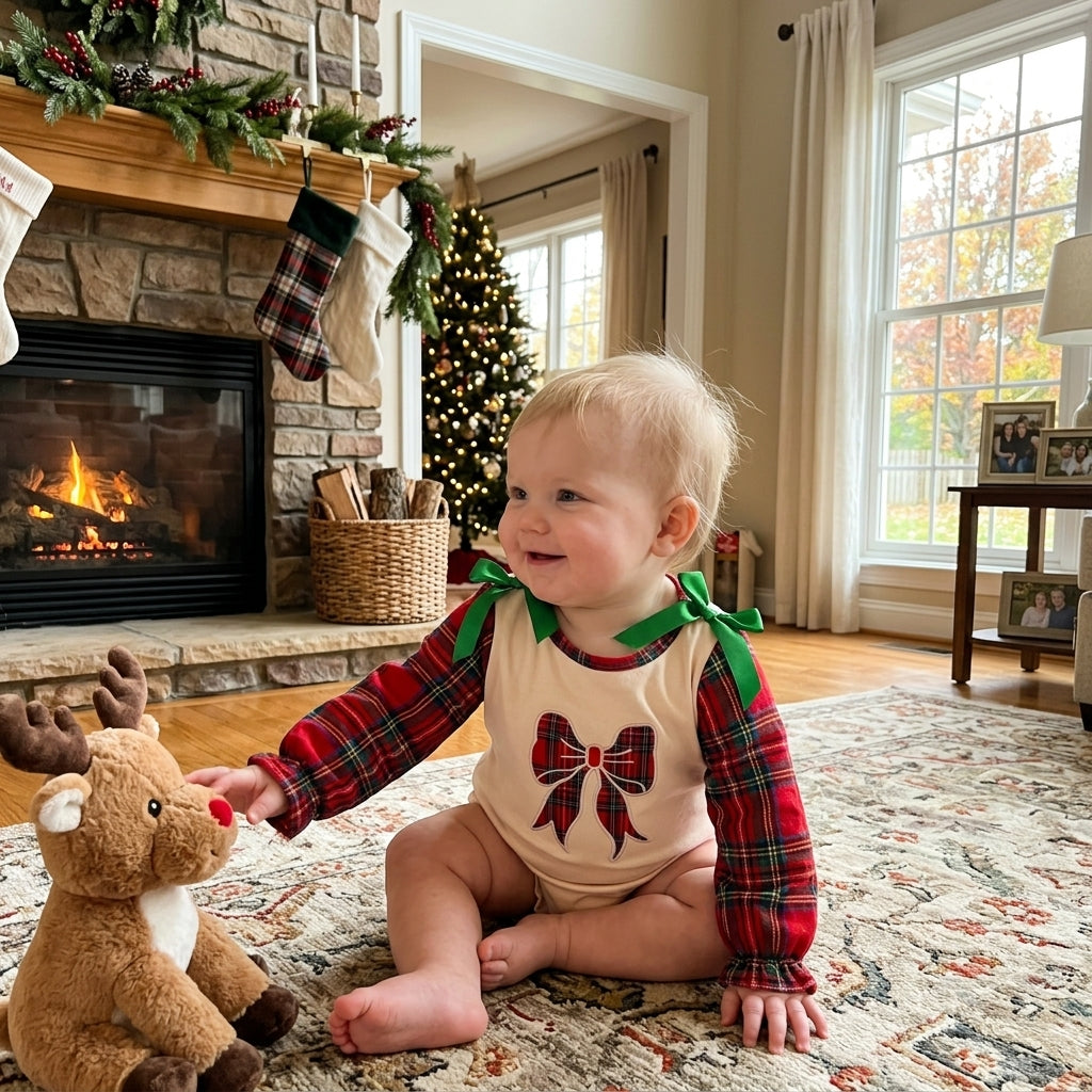 NO MOQ RTS LR3163-embroidery (2) Baby Girl Clothes Red Plaid Bow Embroidery Long Sleeve Bubble Romper 202609