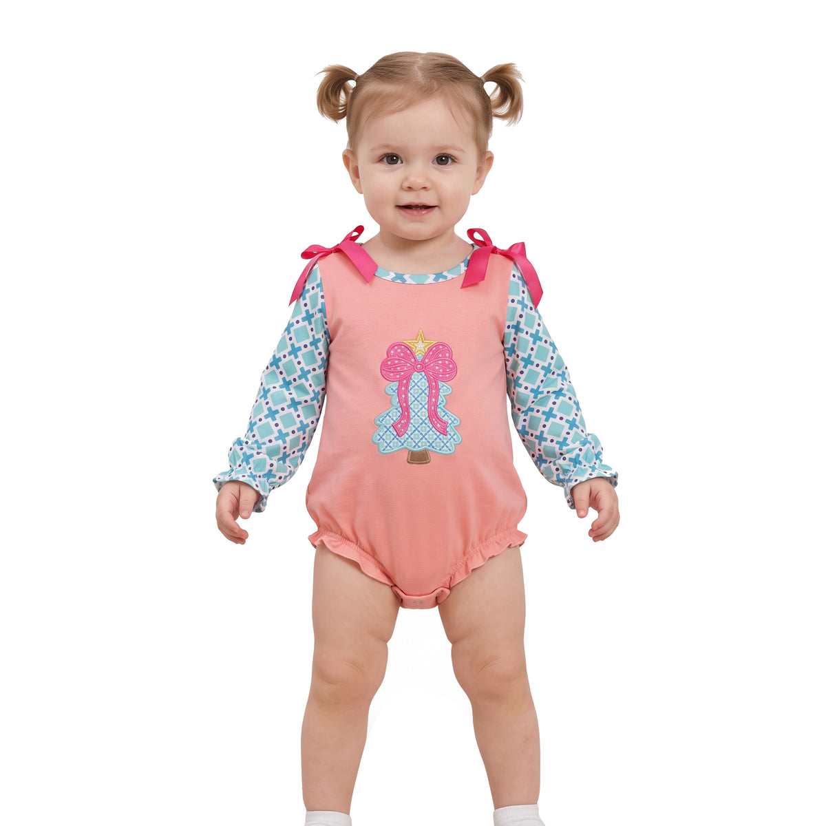 NO MOQ RTS LR3164(1)-embroidery Baby Girl Pink Tree Bow Embroidery Geometric Print Long Sleeve Bubble Romper 202609