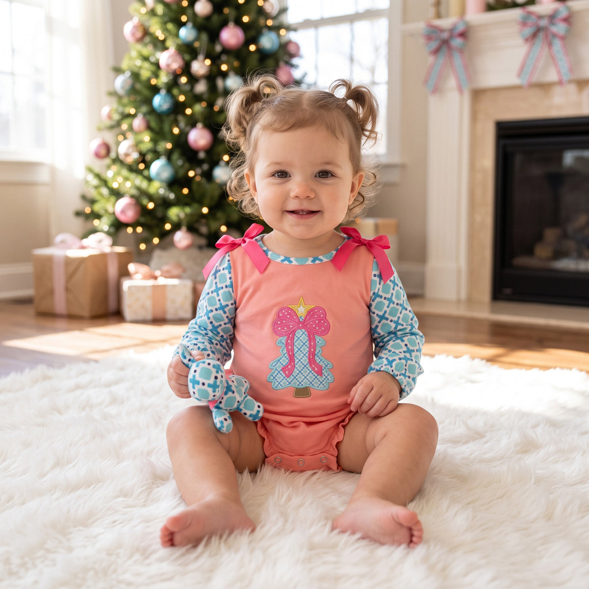NO MOQ RTS LR3164(1)-embroidery Baby Girl Pink Tree Bow Embroidery Geometric Print Long Sleeve Bubble Romper 202609