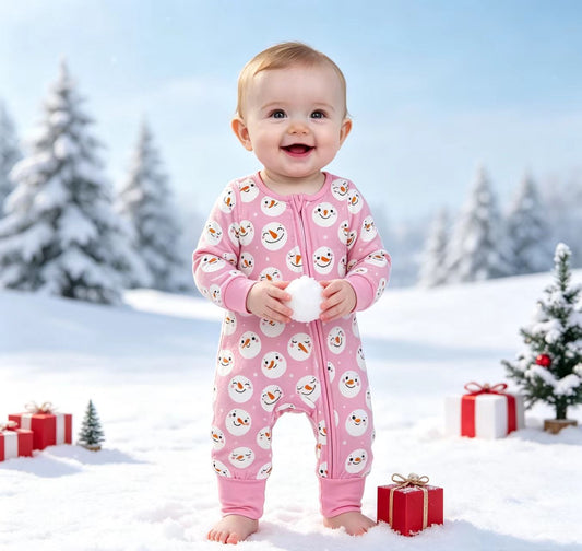 NO MOQ RTS LR3165(2) Baby Girl Clothes Snowman Cartoon Mixed Print Long Sleeve Zipper Romper 202609