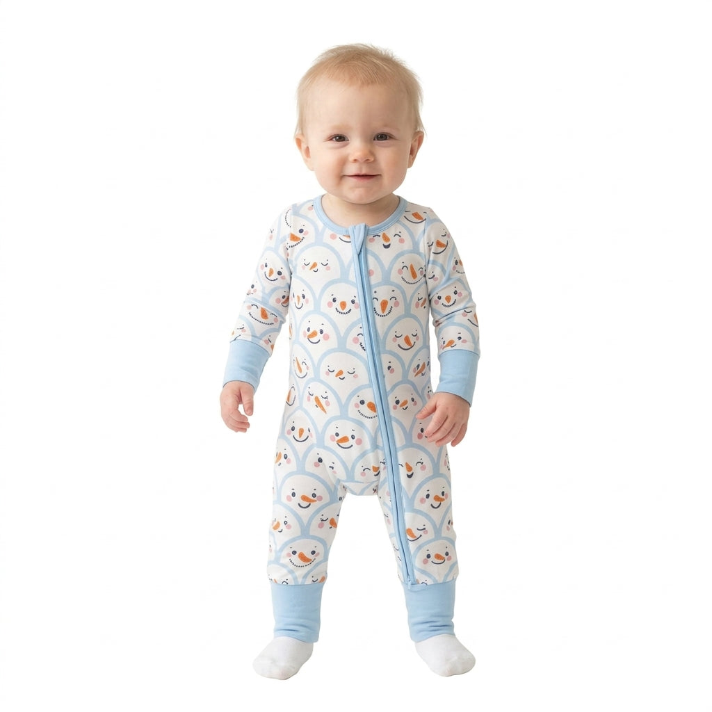 NO MOQ RTS LR3166 Baby Girl Boy Clothes Cute Snowman Face Scallop Print Long Sleeve Zipper Romper 202609