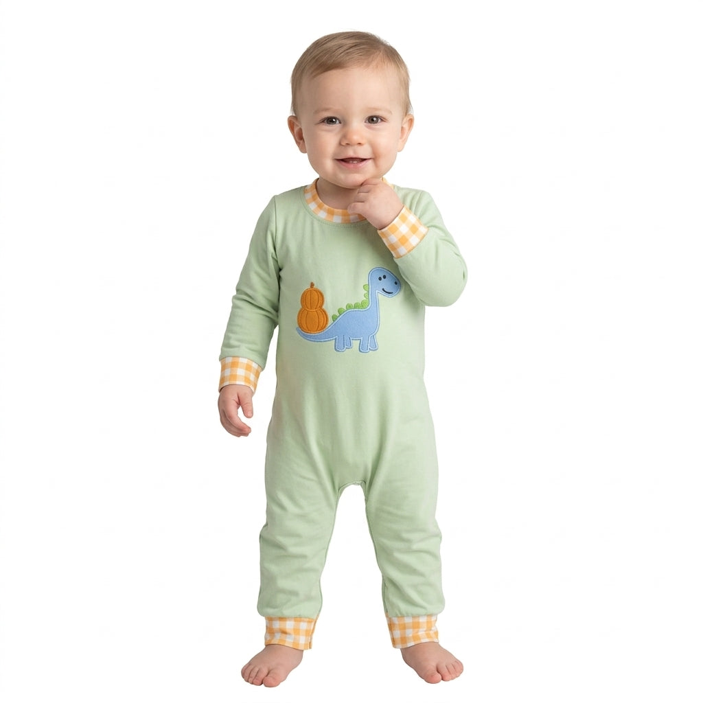 NO MOQ RTS LR3168-embroidery (2) Baby Boy Clothes Dinosaur Pumpkin Applique Print Long Sleeve Romper 202609