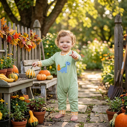 NO MOQ RTS LR3168-embroidery (2) Baby Boy Clothes Dinosaur Pumpkin Applique Print Long Sleeve Romper 202609