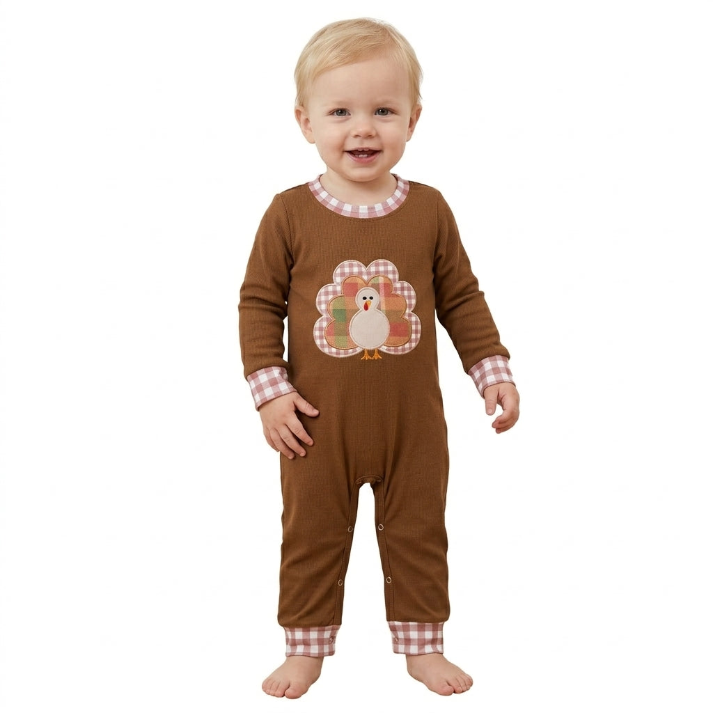 NO MOQ RTS LR3170-embroidery (2) Baby Girl Clothes Thanksgiving Turkey Plaid Applique Long Sleeve Romper 202610