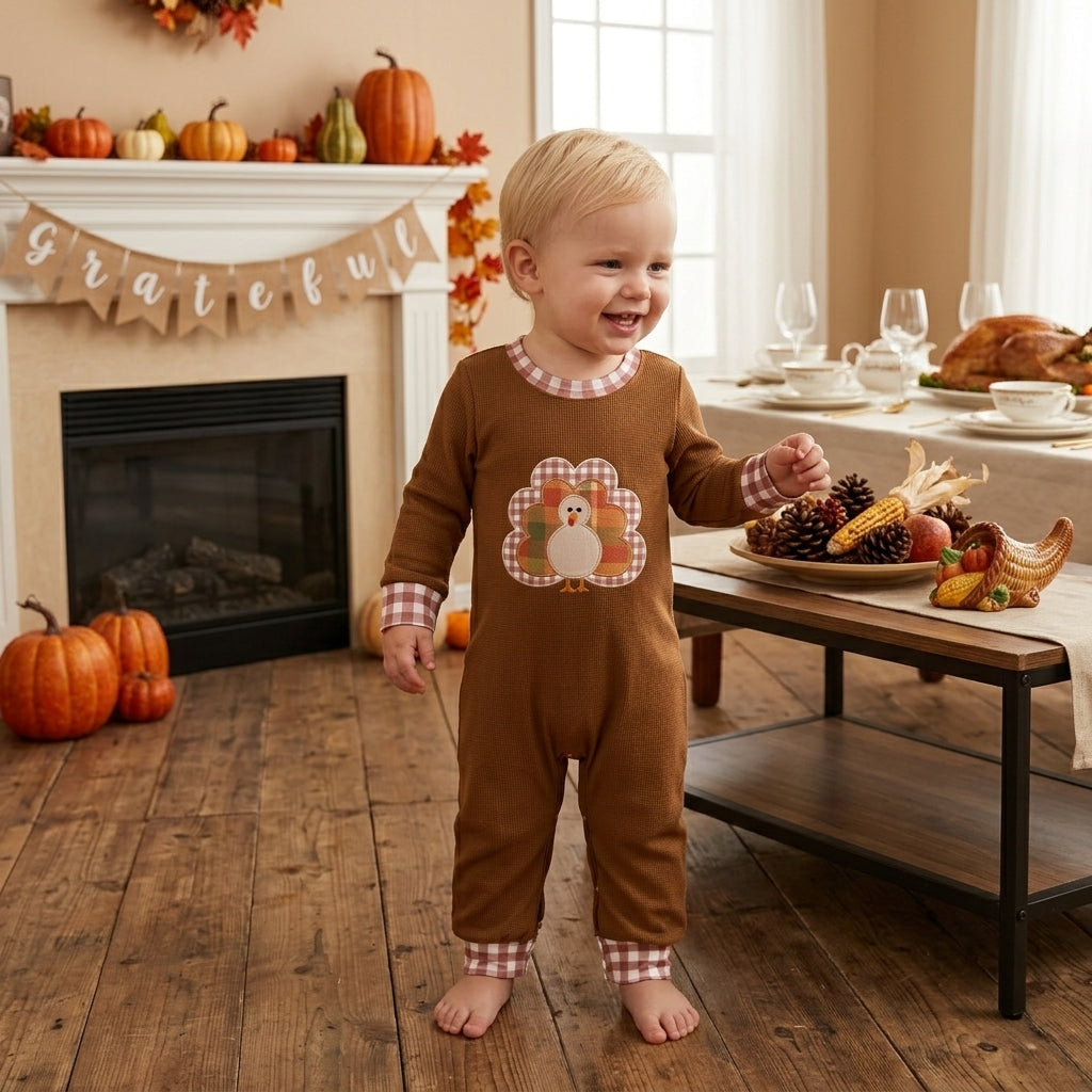 NO MOQ RTS LR3170-embroidery (2) Baby Girl Clothes Thanksgiving Turkey Plaid Applique Long Sleeve Romper 202610