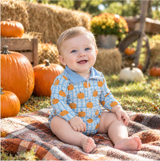 NO MOQ RTS LR3201(1) Baby Boy Clothes Pumpkin Plaid Print Long Sleeve Quarter Zip Bubble Romper 202609