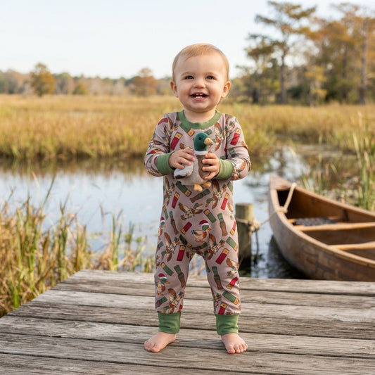 NO MOQ RTS LR3209 (2) Baby Boy Clothes Christmas Duck Shell Allover Print Long Sleeve Jumpsuit 202609