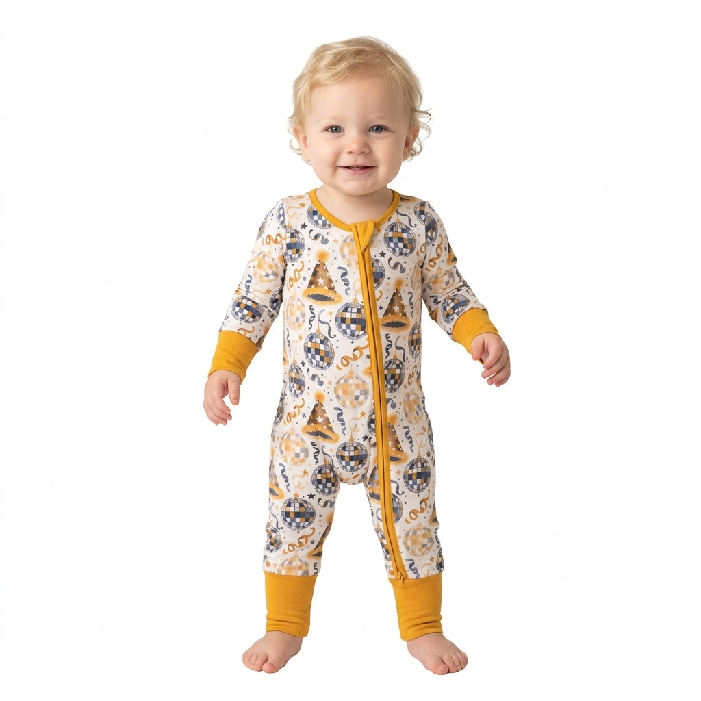 NO MOQ RTS LR3212 (2) Baby Clothes New Year Disco Ball Party Hat Print Long Sleeve Zipper Romper 202609