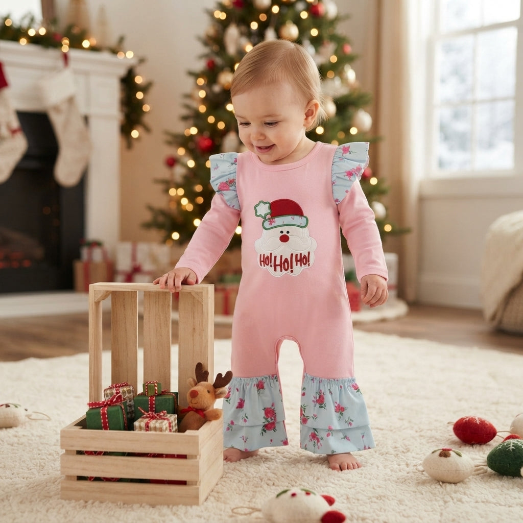 NO MOQ RTS LR3215-embroidery Baby Girl Clothes Solid Pink Plain Long Sleeve Santa Embroidery Floral Ruffle Romper 202610