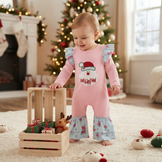 NO MOQ RTS LR3215-embroidery Baby Girl Clothes Solid Pink Plain Long Sleeve Santa Embroidery Floral Ruffle Romper 202610