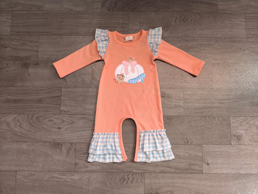RTS LR3217 Pumpkin Mouse Print Ruffle Shoulder Long Sleeve Baby Ruffle Romper 202608