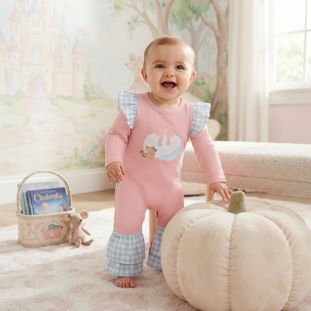 NO MOQ RTS LR3217 (2) Baby Girl Clothes Pumpkin Mouse Gingham Spliced Print Long Sleeve Jumpsuit 202609