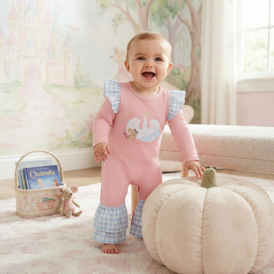 NO MOQ RTS LR3217 (2) Baby Girl Clothes Pumpkin Mouse Gingham Spliced Print Long Sleeve Jumpsuit 202609