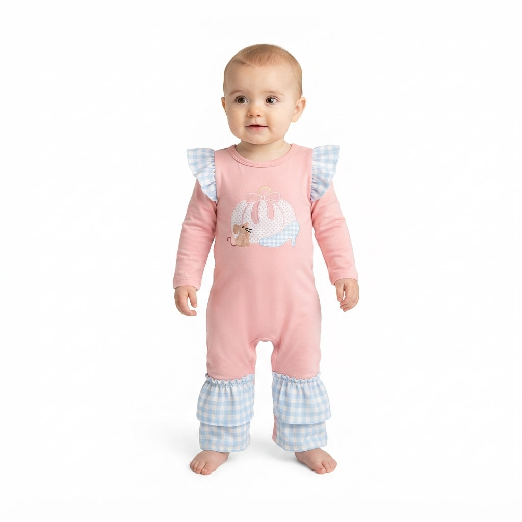 NO MOQ RTS LR3217 (2) Baby Girl Clothes Pumpkin Mouse Gingham Spliced Print Long Sleeve Jumpsuit 202609