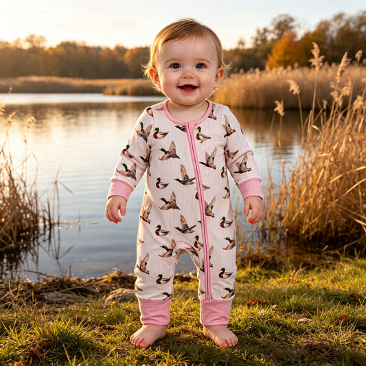 NO MOQ RTS LR3218(2) Baby Girl Clothes Mallard Duck Mixed Print Long Sleeve Zipper Romper 202609