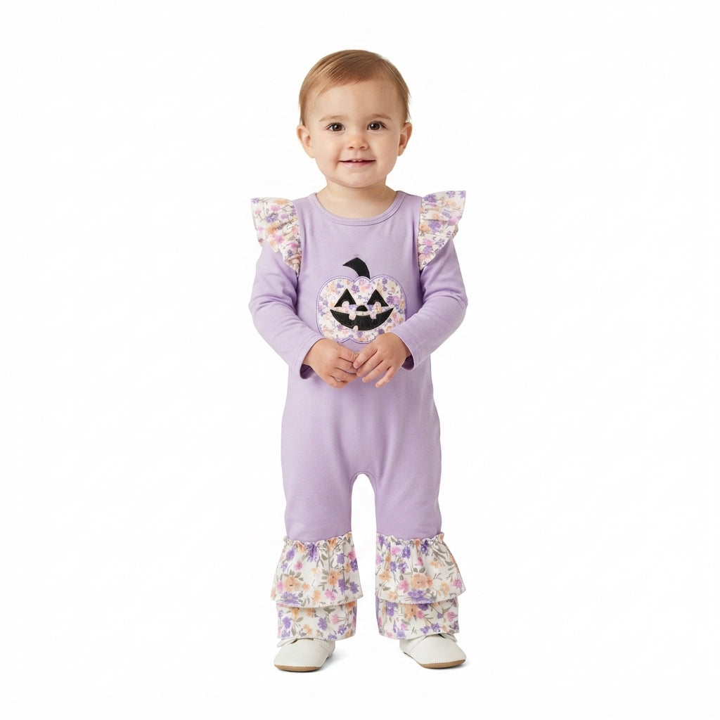 NO MOQ RTS LR3221-embroidery Baby Girl Clothes Purple Solid Floral Patch Pumpkin Print Long Sleeve Ruffle Romper 202609