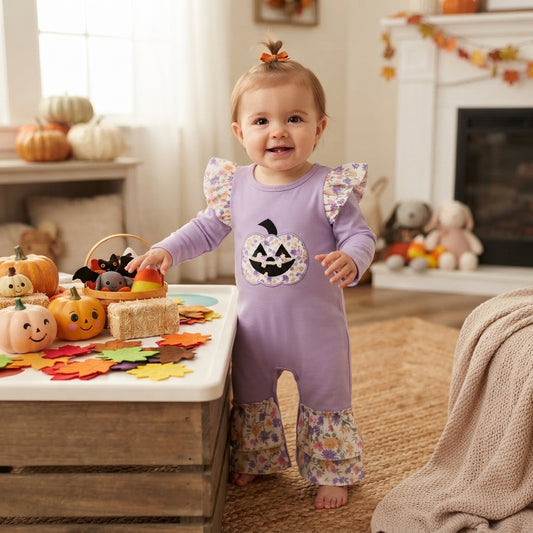 NO MOQ RTS LR3221-embroidery Baby Girl Clothes Purple Solid Floral Patch Pumpkin Print Long Sleeve Ruffle Romper 202609