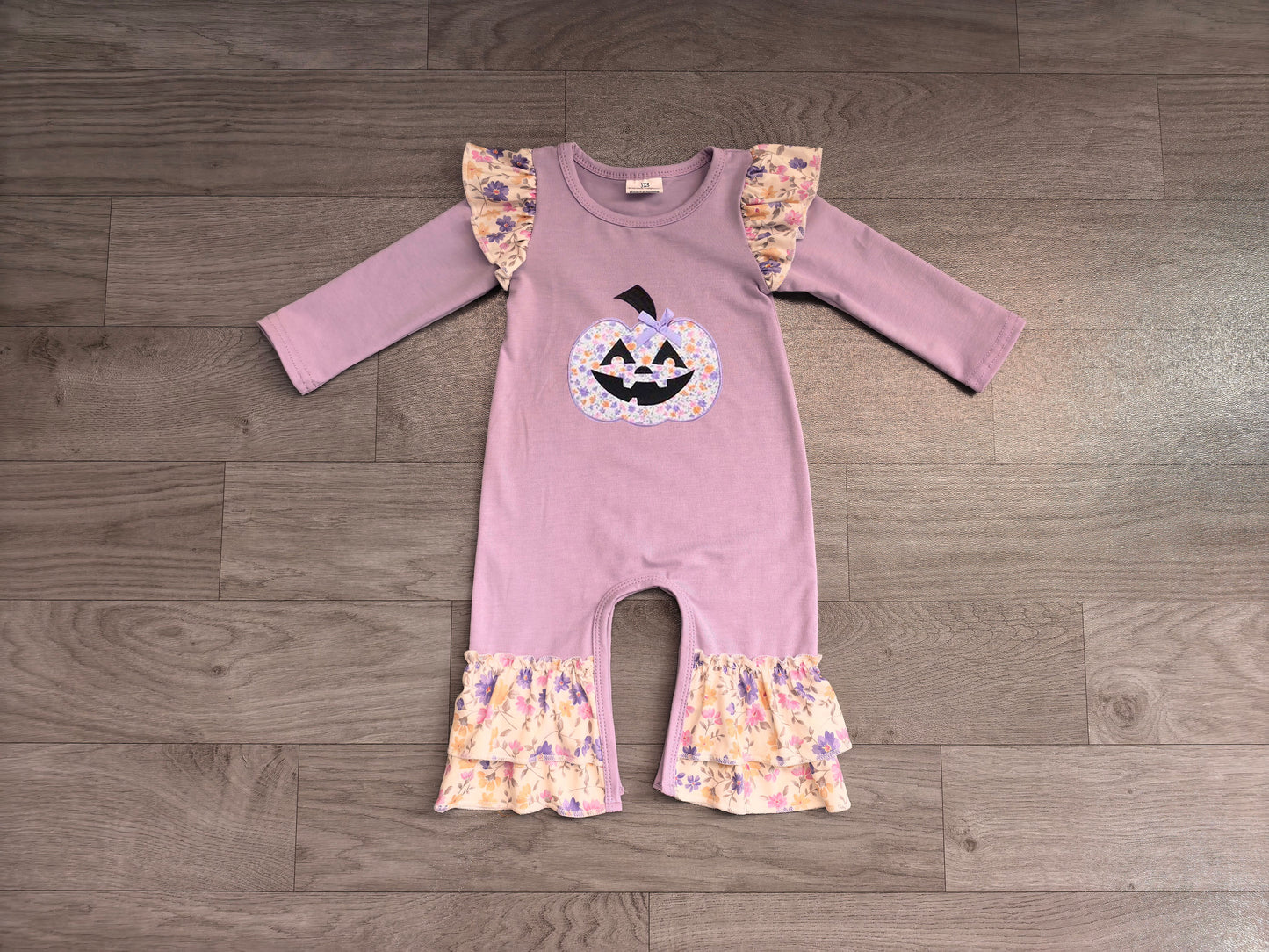 RTS LR3221 Halloween Pumpkin Embroidery Ruffle Flutter Sleeve Baby Rompe