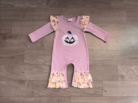 RTS LR3221 Halloween Pumpkin Embroidery Ruffle Flutter Sleeve Baby Rompe