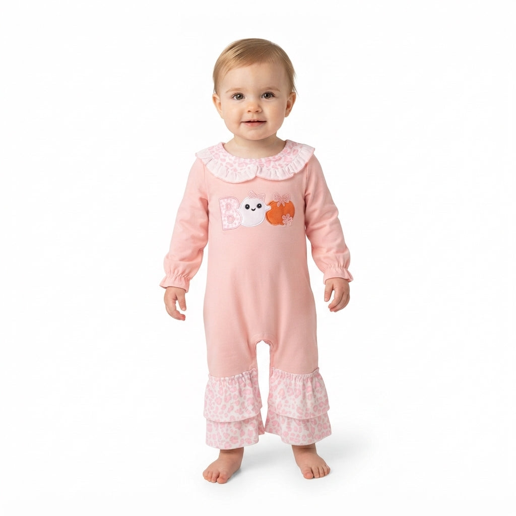 NO MOQ RTS LR3223 Baby Girl Clothes Solid Light Pink Plain Long Sleeve Boo Ghost Pumpkin Embroidery Leopard Ruffle Romper 202610
