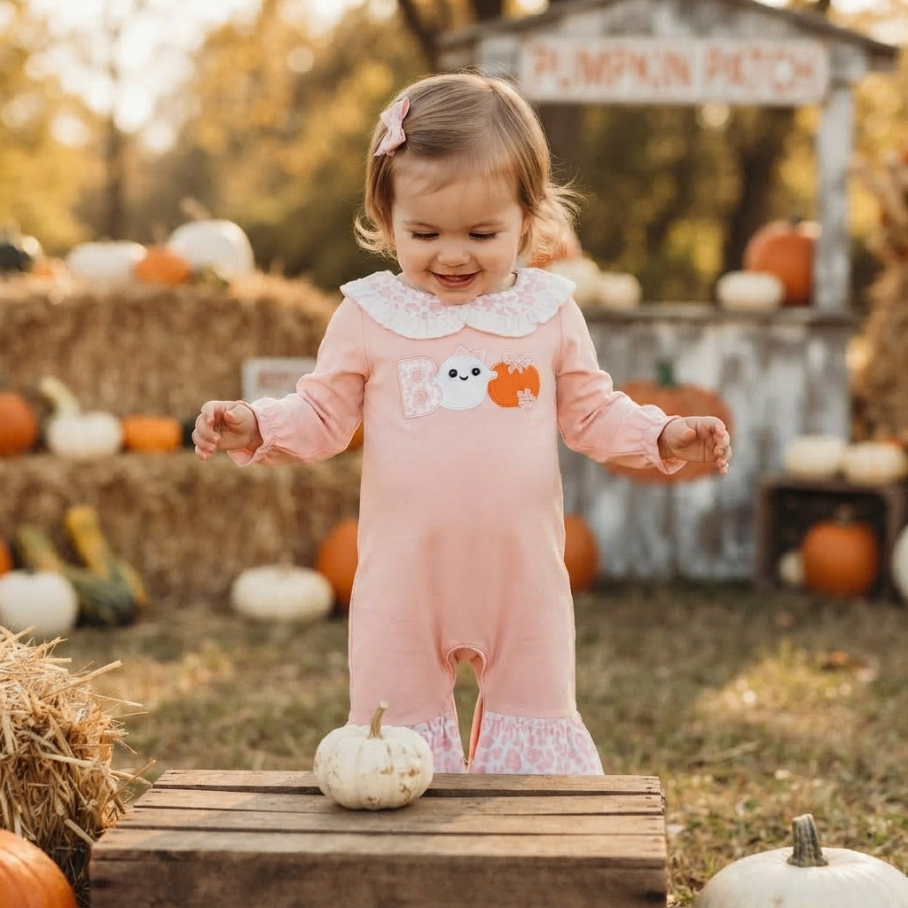 NO MOQ RTS LR3223 Baby Girl Clothes Solid Light Pink Plain Long Sleeve Boo Ghost Pumpkin Embroidery Leopard Ruffle Romper 202610