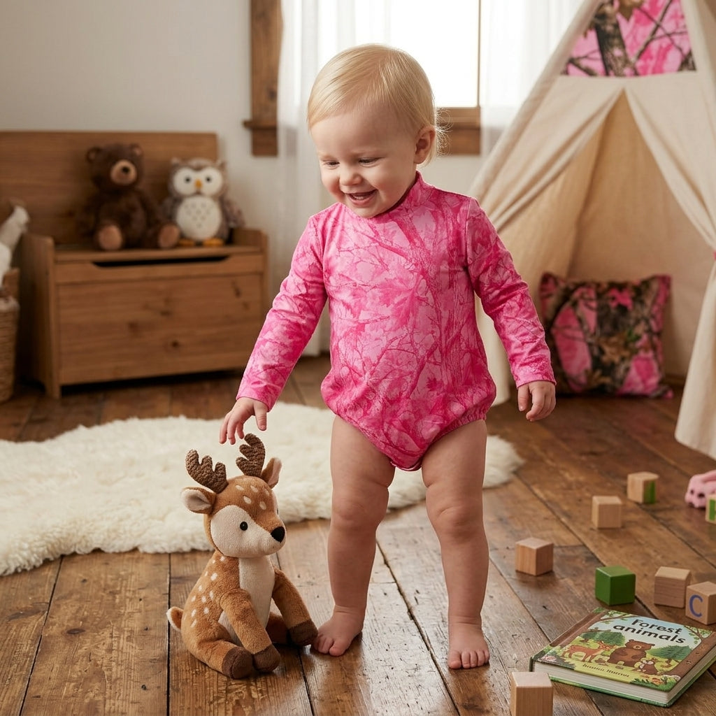 NO MOQ RTS LR3224 Baby Girl Clothes Pink Leaf Camo Print Long Sleeve Bubble Romper 202610