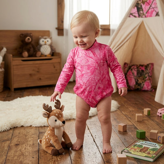 NO MOQ RTS LR3224 Baby Girl Clothes Pink Leaf Camo Print Long Sleeve Bubble Romper 202610
