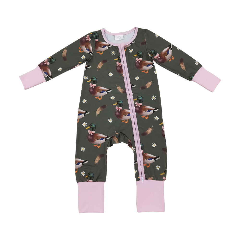 NO MOQ RTS LR3225 Baby Girl Clothes Mallard Duck Daisy Floral Print Long Sleeve Zipper Romper 202610