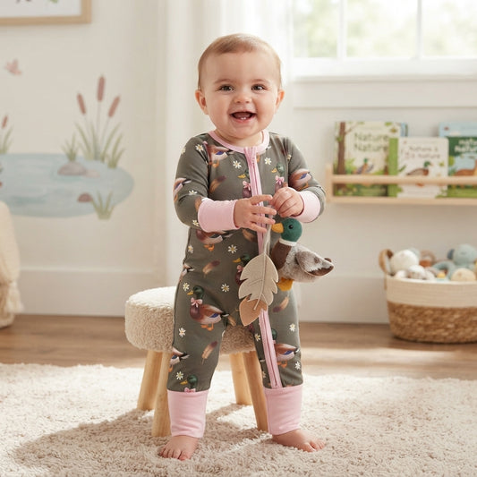 NO MOQ RTS LR3225 (2) Baby Girl Clothes Mallard Duck Daisy Allover Print Long Sleeve Zipper Jumpsuit 202609