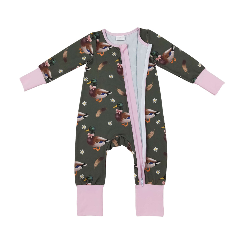 NO MOQ RTS LR3225 Baby Girl Clothes Mallard Duck Daisy Floral Print Long Sleeve Zipper Romper 202610