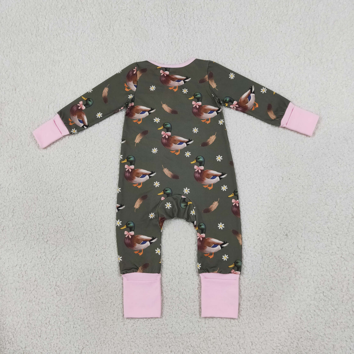 NO MOQ RTS LR3225 Baby Girl Clothes Mallard Duck Daisy Floral Print Long Sleeve Zipper Romper 202610