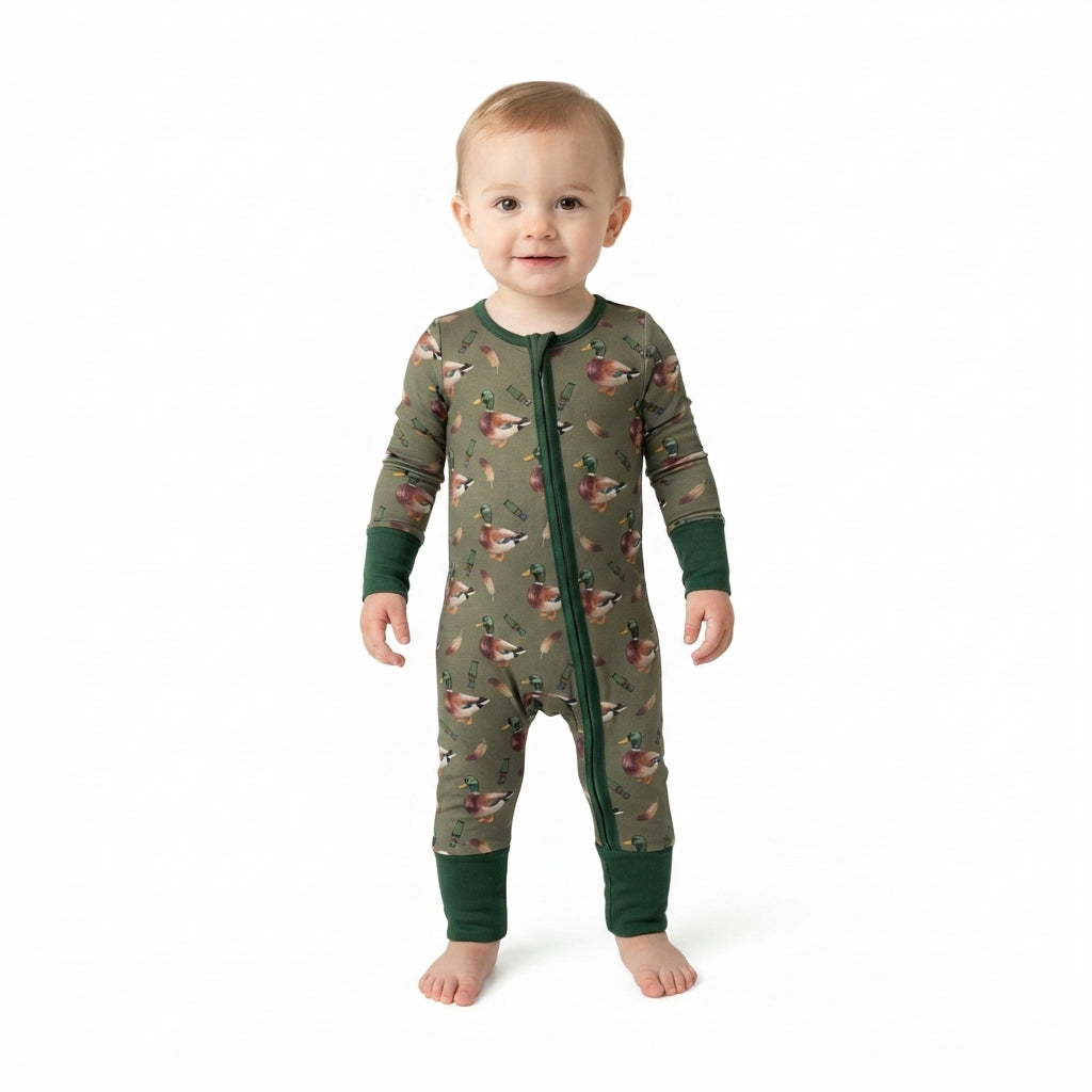 NO MOQ RTS LR3232 Baby Boy Clothes Wild Duck Hunting Mallard Mixed Print Long Sleeve Zipper Romper 202610