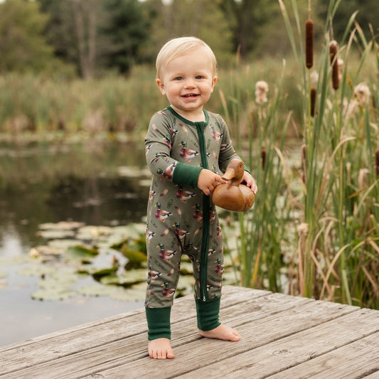 NO MOQ RTS LR3232 Baby Boy Clothes Wild Duck Hunting Mallard Mixed Print Long Sleeve Zipper Romper 202610