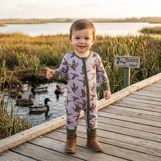 NO MOQ RTS LR3233 DUCK HUNTING Long Sleeve Baby Romper