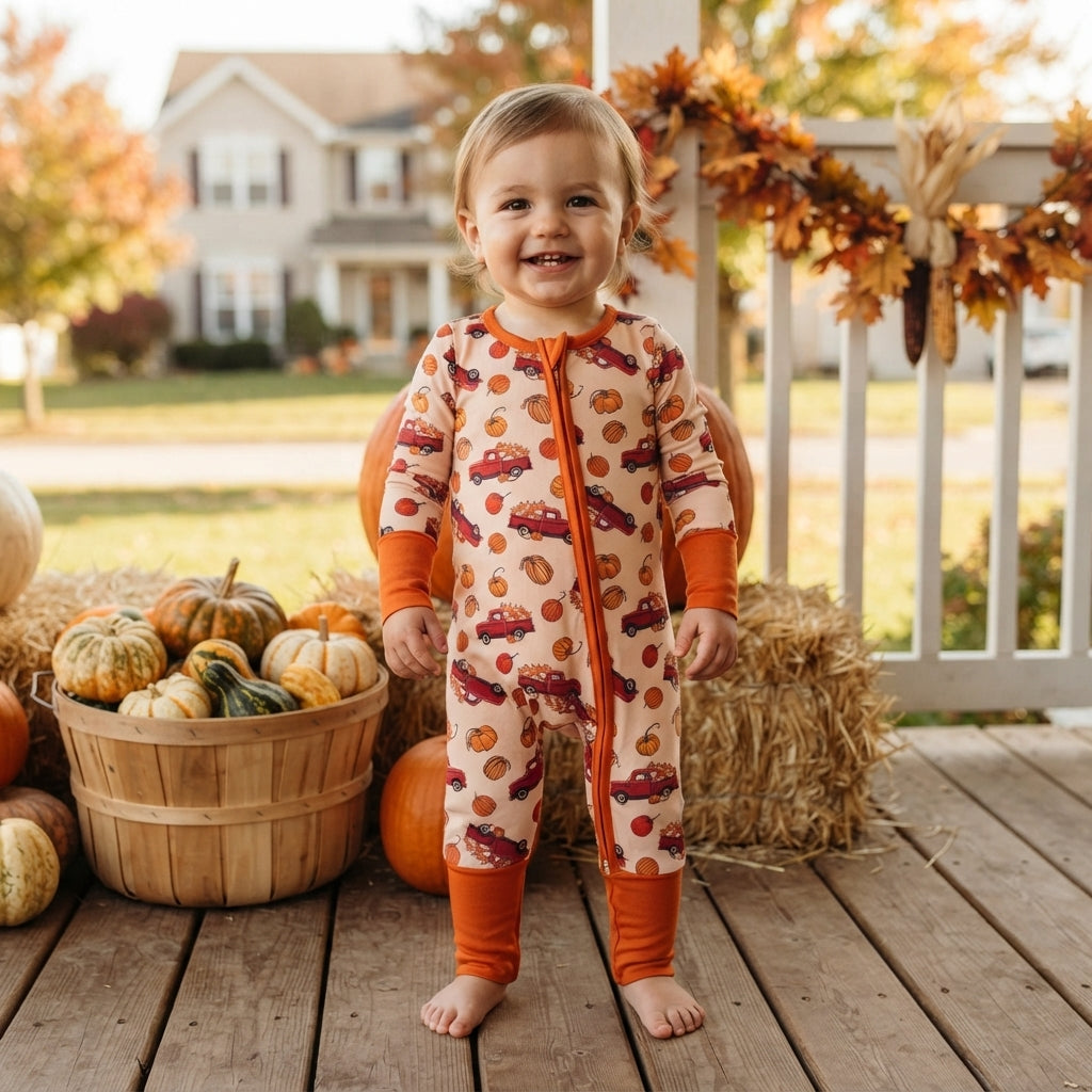 NO MOQ RTS LR3234(1) Baby Boy Clothes Red Truck Pumpkin Print Long Sleeve Zipper Romper 202609