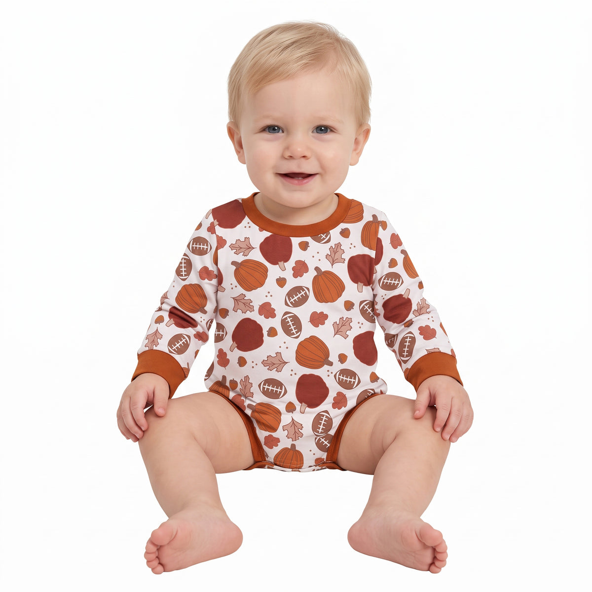 NO MOQ RTS LR3235(1) Baby Boy White Pumpkin Apple Football Leaf Print Long Sleeve Bubble Romper 202609
