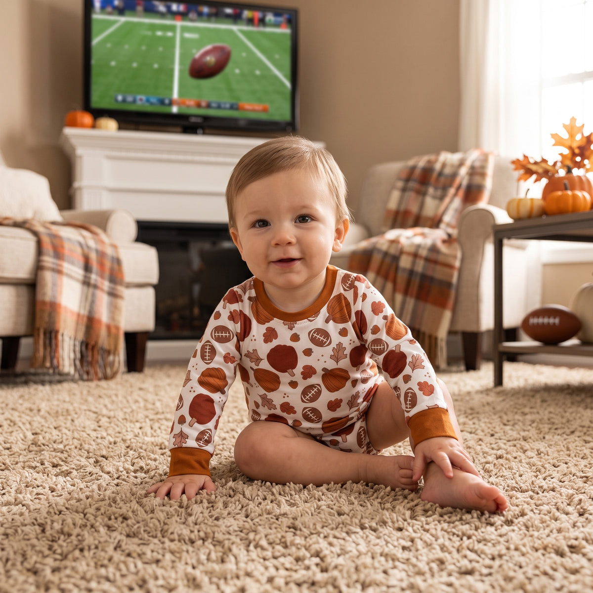 NO MOQ RTS LR3235(1) Baby Boy White Pumpkin Apple Football Leaf Print Long Sleeve Bubble Romper 202609