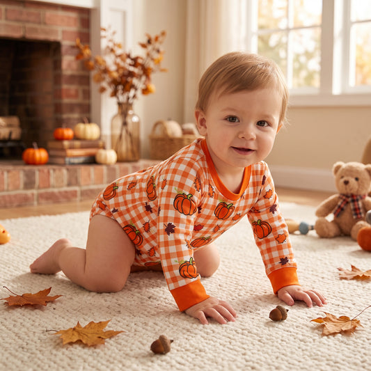 NO MOQ RTS LR3236(1) Baby Boy Orange Gingham Pumpkin Leaf Print Long Sleeve Bubble Romper 202609