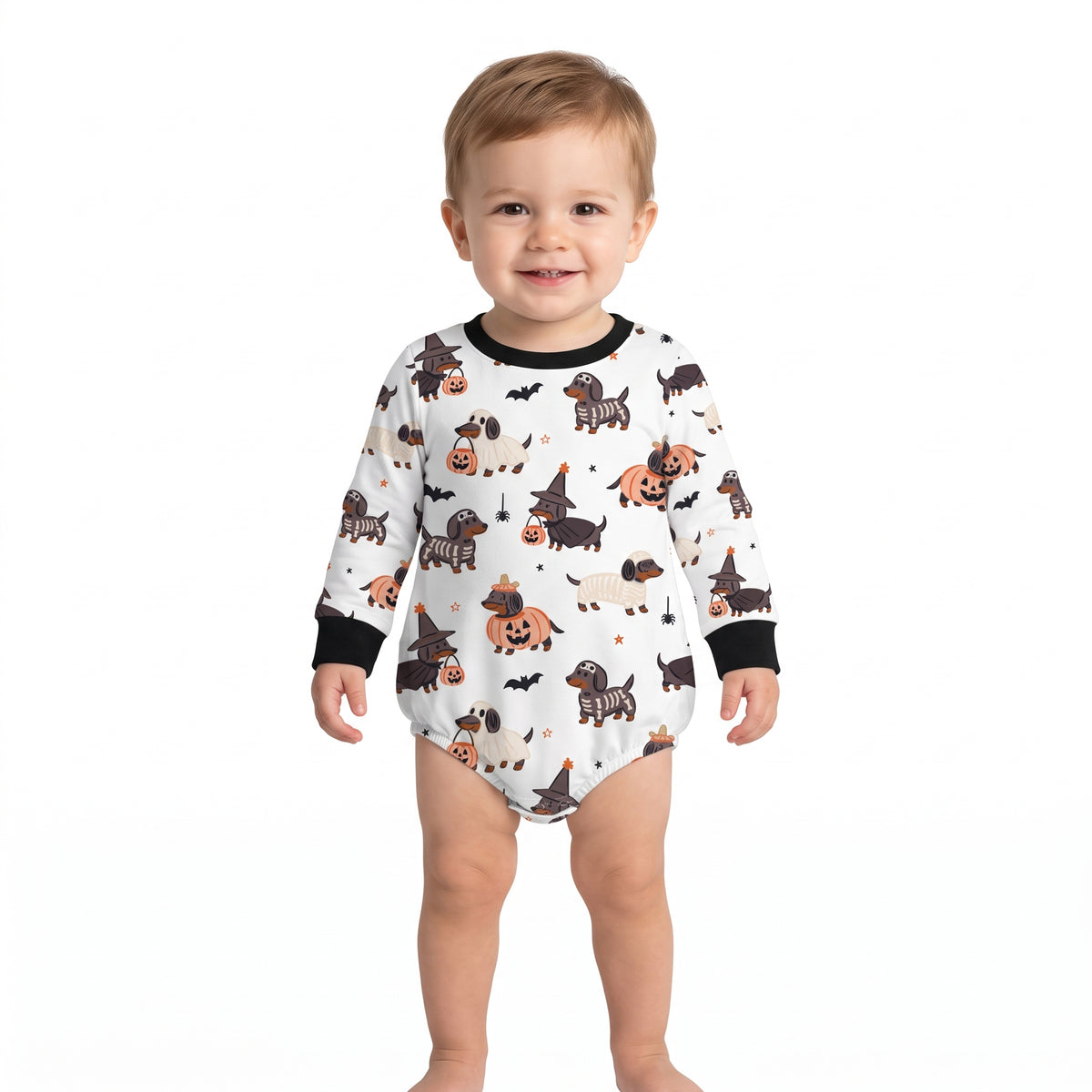 NO MOQ RTS LR3238(1) Baby Boy Halloween Dachshund Witch Mummy Skeleton Print Long Sleeve Bubble Romper 202609