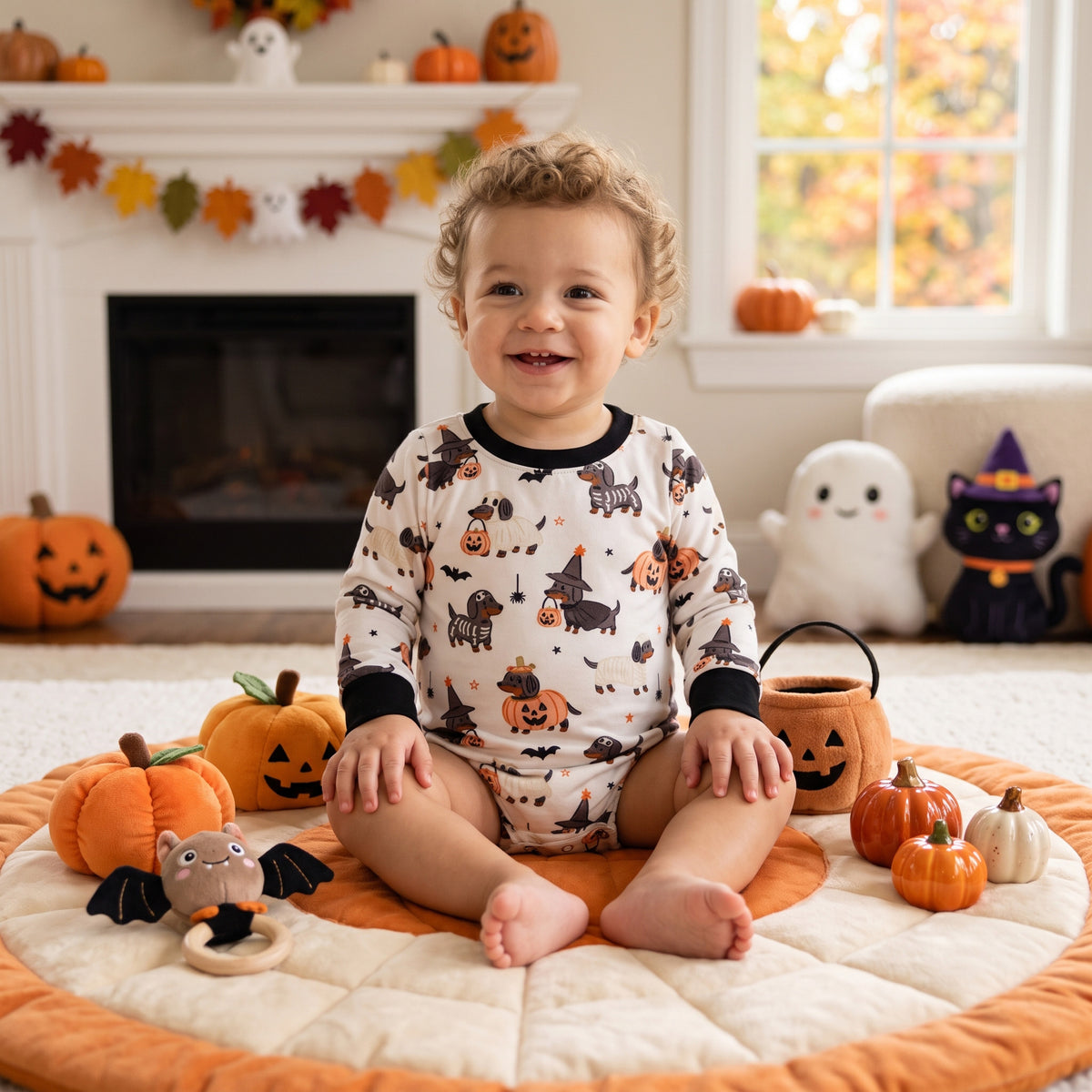 NO MOQ RTS LR3238(1) Baby Boy Halloween Dachshund Witch Mummy Skeleton Print Long Sleeve Bubble Romper 202609