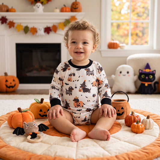 NO MOQ RTS LR3238(1) Baby Boy Halloween Dachshund Witch Mummy Skeleton Print Long Sleeve Bubble Romper 202609